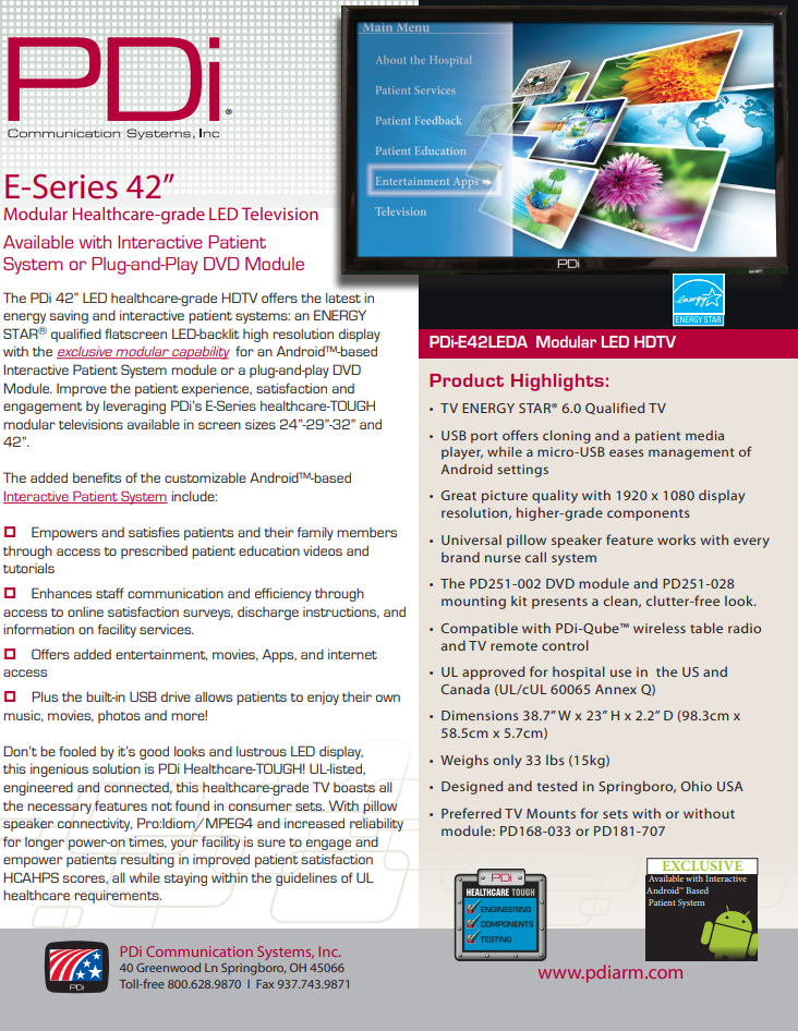 Refurb PDI-E42LEDx-R | 42" E-Series HDTV Hospital Display