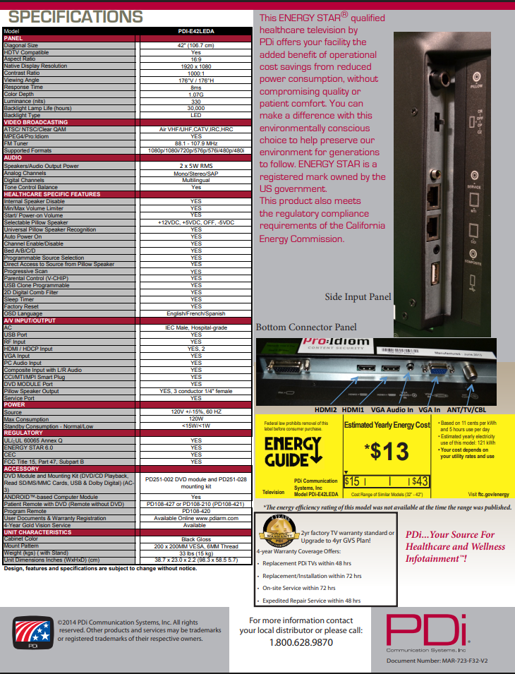 Refurb PDI-E42LEDx-R | 42" E-Series HDTV Hospital Display