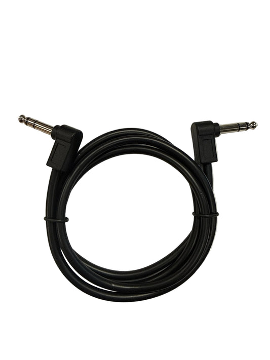 Black audio cable with 90-degree connectors on a gray background